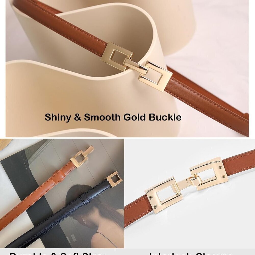 2Pack Women's Leather Belts Thin Waist Dress Belt with Gold Buckle Adjustable - Picture 3 of 7